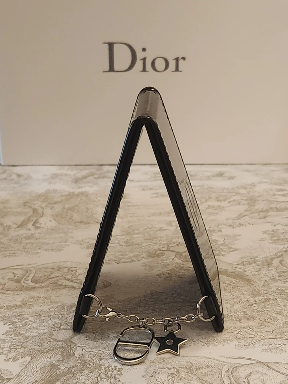 NEW Dior GWP Black Patent Foldout Mirror |Silver CD & Star Charm | Dior Gift Bag